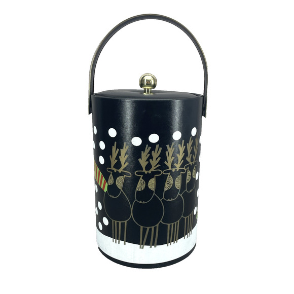 Vtg Mid Century Modern Couroc 11” Ice Bucket Black Gold Christmas Reindeer Tree - Picture 1 of 11